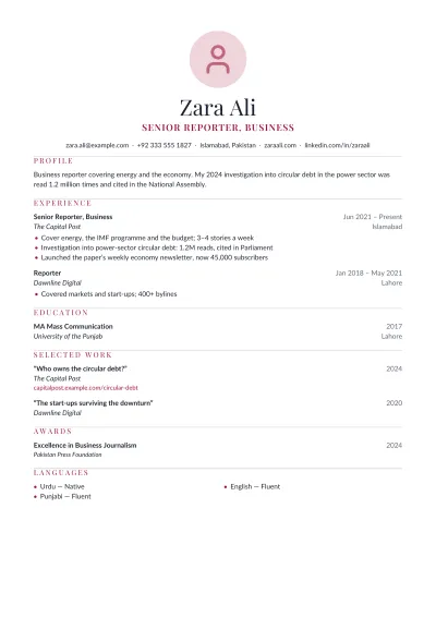 Journalist & Writer CV template