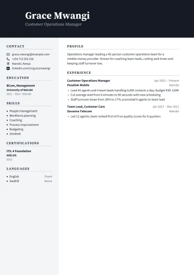 Manager Resume example: the first page of the finished PDF