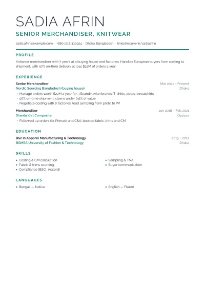 Garments Merchandiser CV template