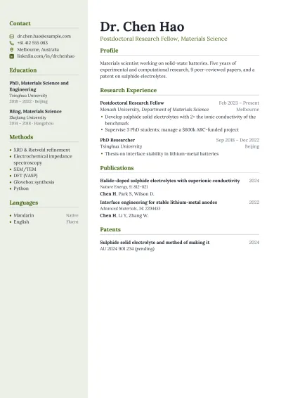 Research CV example: the first page of the finished PDF