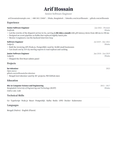 Software Engineer Resume example: the first page of the finished PDF
