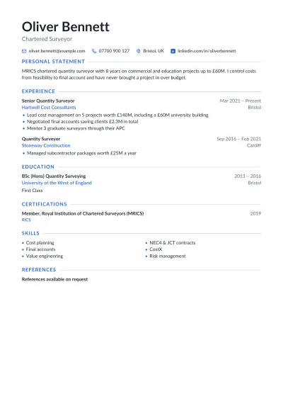 UK CV example: the first page of the finished PDF